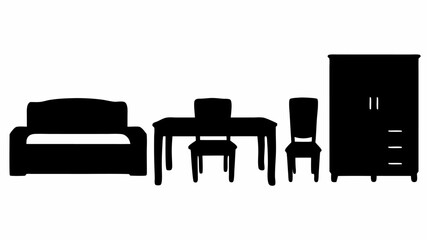 Fototapeta premium Silhouette illustration showing a sofa, table with chairs, and a wardrobe in a simple and minimalist style
