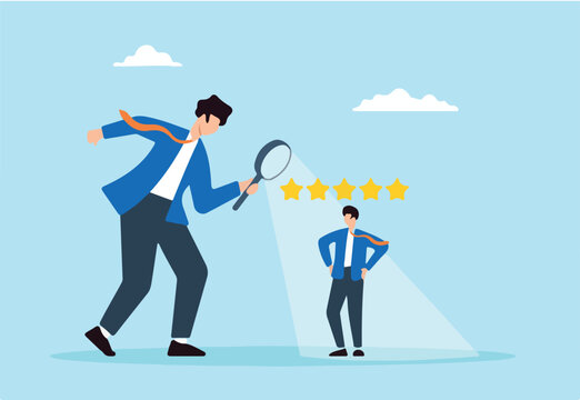 Flat illustration businessman manager use magnifier to analyze employee for 5 star performance evaluation