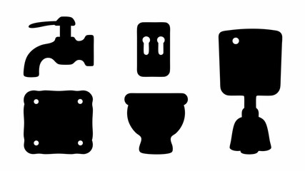 Obraz premium A silhouette illustration showing a faucet, a wall plate, a toilet paper holder, a bidet, and a cleaver
