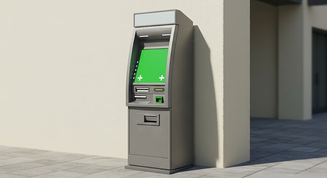 A standalone Automated Teller Machine (ATM) with a green screen displaying a digital interface, situated on a sidewalk next to a building