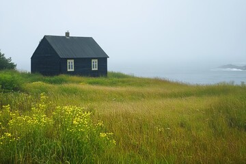 Misty coastal landscape with a small, dark wooden house perched on a grassy hill overlooking a grey sea