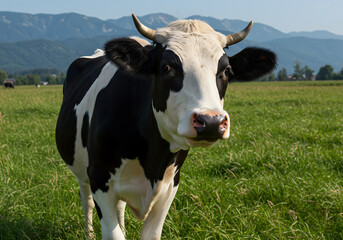 Holstein Dairy Cow in Green Pasture &mdash; Farm Livestock & Agriculture Concept