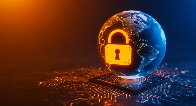 Global cybersecurity protection, illuminated padlock secures digital earth on circuit board. - Powered by Adobe