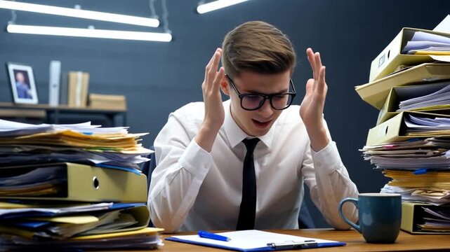Homme d'affaires stress&eacute; et surcharg&eacute; de travail au bureau.