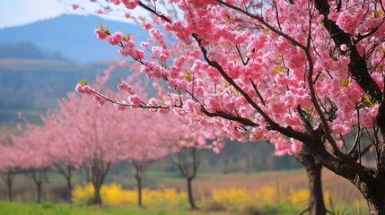 Pink cherry blossoms bloom in a spring landscape