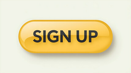 The image showcases a bright yellow button with a bold, easy-to-read texin uppercase letters, surrounded by signup