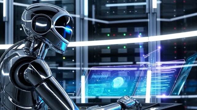 Robot futuriste travaillant sur un serveur de donn&eacute;es.