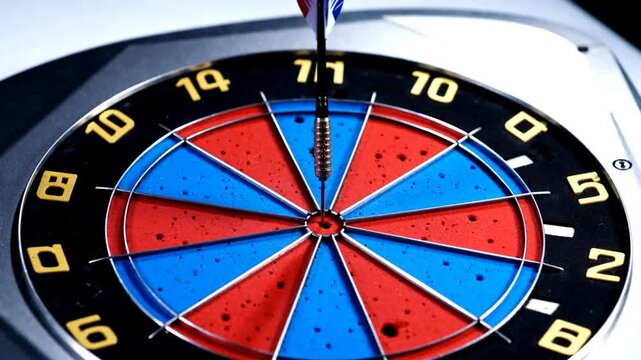 Fl&eacute;chette en plein centre d'une cible de fl&eacute;chettes.