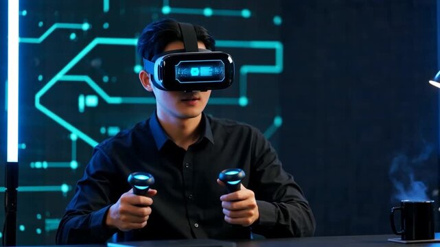 Joueur utilisant un casque de r&eacute;alit&eacute; virtuelle pour le gaming.	