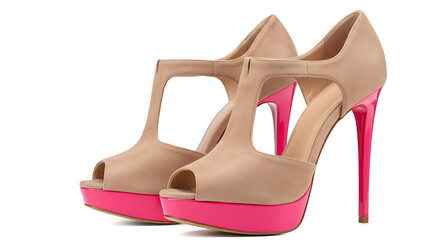 Fashionable platform heels with a T-strap design and a contrasting glossy pink sole and heel.