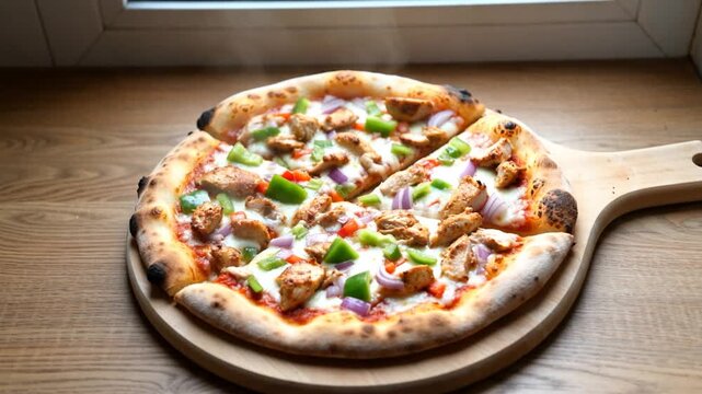 Pizza fra&icirc;che et chaude sur une planche en bois.