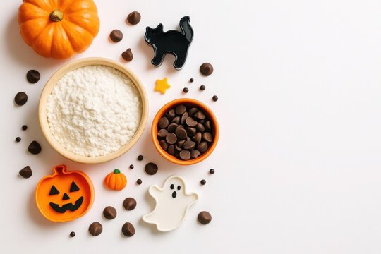 Halloween baking ingredients and cookie cutters, Flour, chocolate chips, and cookie cutters shaped like pumpkin, ghost, and cat. Halloween theme in studio setup. Festive food and baking concept