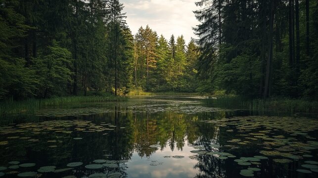 Serene forest lake reflecting a tranquil sky. Lush green trees frame a still pond, mirroring the clouds