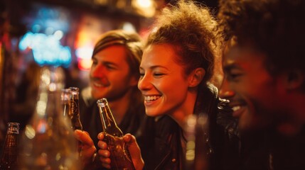 Group of people are sitting at a bar, smiling