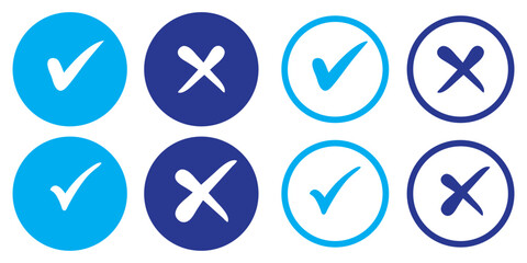 Set of green and red check box with yes and no sign. Modern label icons check mark and cross on transparent background.