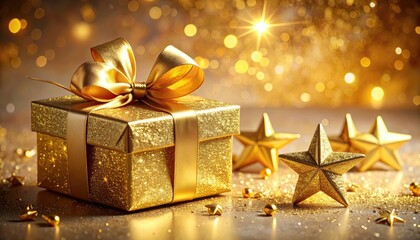 Golden Gift with Bow and Stars on Glittering Background for Holiday Celebration