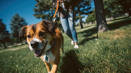 Woman is walking her dog in a park