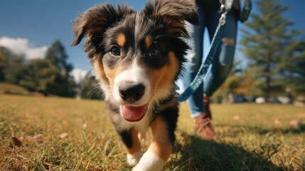 Dog is walking on a grassy field with a leash in its mouth