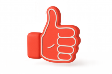 Cartoon red thumbs up icon signaling positive feedback, floating on transparent backdrop, supporting digital marketing strategies