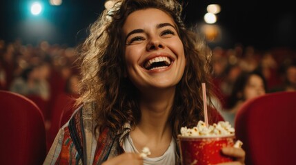Woman is smiling and holding a red bucket of popcorn