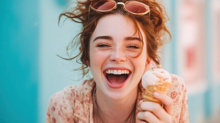 Woman is smiling and holding an ice cream cone