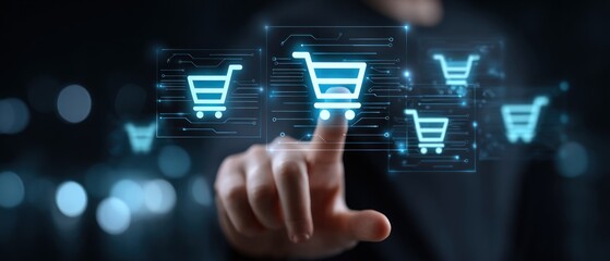 Digital shopping is depicted. A person is touching a digital interface with shopping carts, illuminated in blue against a dark bokeh background