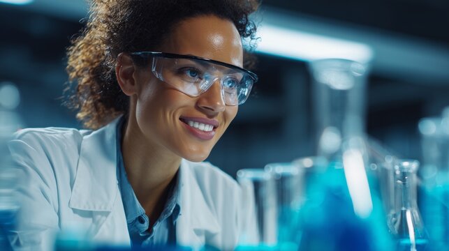 African american female scientist wearing protective glasses smiling while working with beakers filled with blue liquid in modern laboratory