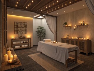 Massage room with candles, aroma lamps, soft light, massage table with white sheet and folded towels