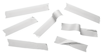 Scattered white paper labels torn strips adhesive tape pieces over black isolated on transparent background