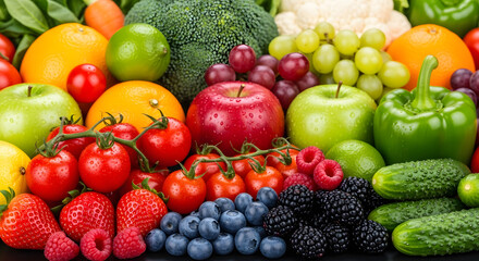 Vibrant, fresh assortment of healthy fruits and vegetables bursting with color and flavor, perfect for promoting wellness and nutrition
