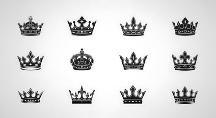 Collection of Twelve Various Black Silhouette Crown Designs on Light Background