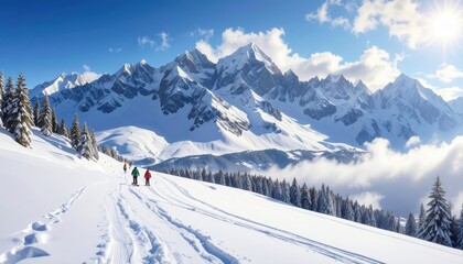 Fototapeta premium Snow-covered mountain peaks and a ski trail wind through a picturesque winter landscape.
