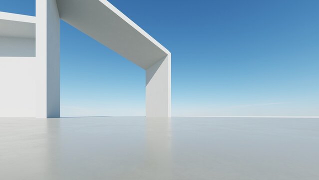 3d illustration of abstract modern architecture background, Minimal geometry architectural design, Car presentation backdrop with empty concrete floor, Geometric white blocks building design