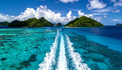 Tropical islands, a boat's wake