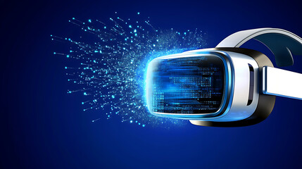 Virtual reality headset emitting digital particles against a dark blue background