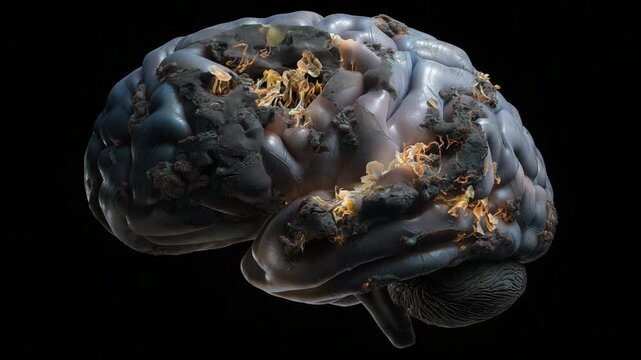 A brain with a black spot on it. The spot is surrounded by a white circle. Abstract of brain with rotting fungal textures and melted surfaces, rotten artistic dark conceptual