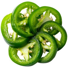 Vivid green jalapeño pepper slices in sharp detail, showcasing their texture, freshness, and vibrant appeal, isolated on transparent background. PNG, cutout. for culinary or ingredient-focused theme