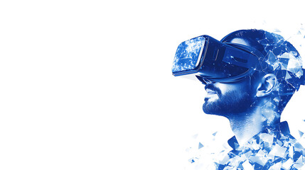 Man wearing virtual reality headset with digital fragmentation effect