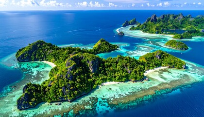 Tropical islands, vibrant ocean, lush vegetation