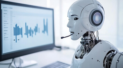 Humanoid robot with headset analyzing audio waveform on computer screen