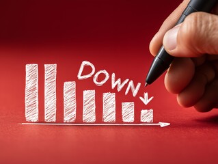 赤い背景に右下がりの業績低下を示す手描き風棒グラフ