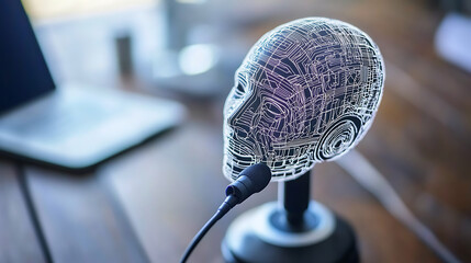 3D wireframe human head model connected to microphone on desk with laptop in background