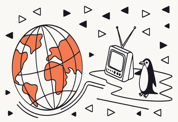Antarctica Day Vector Illustration with Icebergs, Globe Highlighting Antarctica, and Playful Penguin in Modern Minimalist Style
