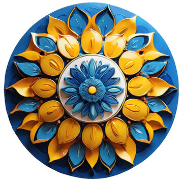 Circular Blue and Yellow Mandala with Leaf-like Petals on White gold