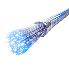 Close up of glowing blue fiber optic strands isolated on transparent background