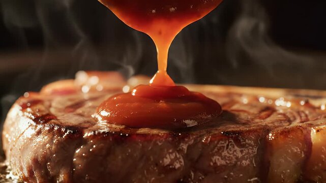 Pouring delicious red barbecue sauce over a juicy, freshly grilled ribeye steak with steam rising from the hot meat