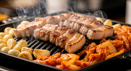 Smoky Korean Barbecue Samgyeopsal Pork Belly with Kimchi