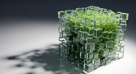 Abstract cube made of glass boxes with green plant inside symbolizing sustainable technology and environmental awareness