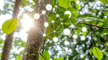 Sunlight filtering through tree leaves with a digital network overlay symbolizing connectivity in nature