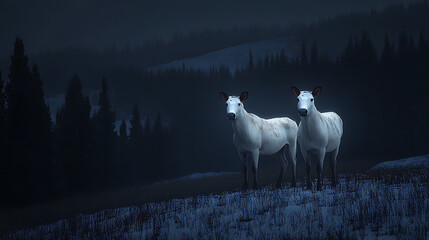Two white horses standing in a snowy field at night with forested hills in the background